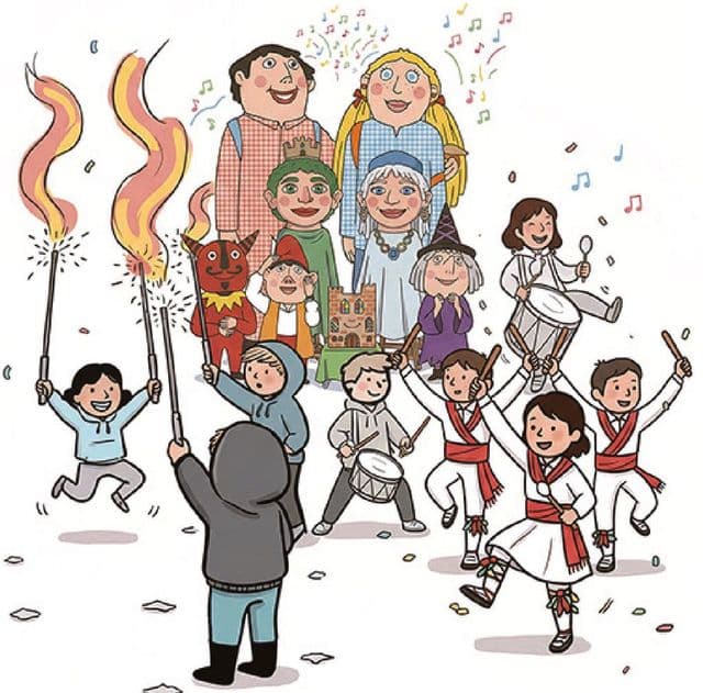 Il·lustració de la festa de cultura popular amb tambors, gegants i espurnes