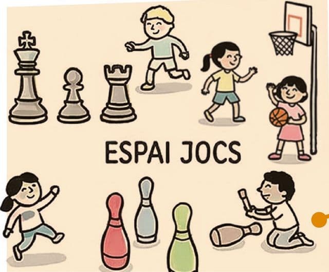 Il·lustració d’infants jugant a escacs, bitlles i bàsquet