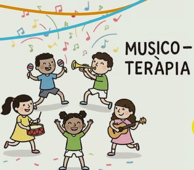 Il·lustració d’infants tocant instruments i ballant
